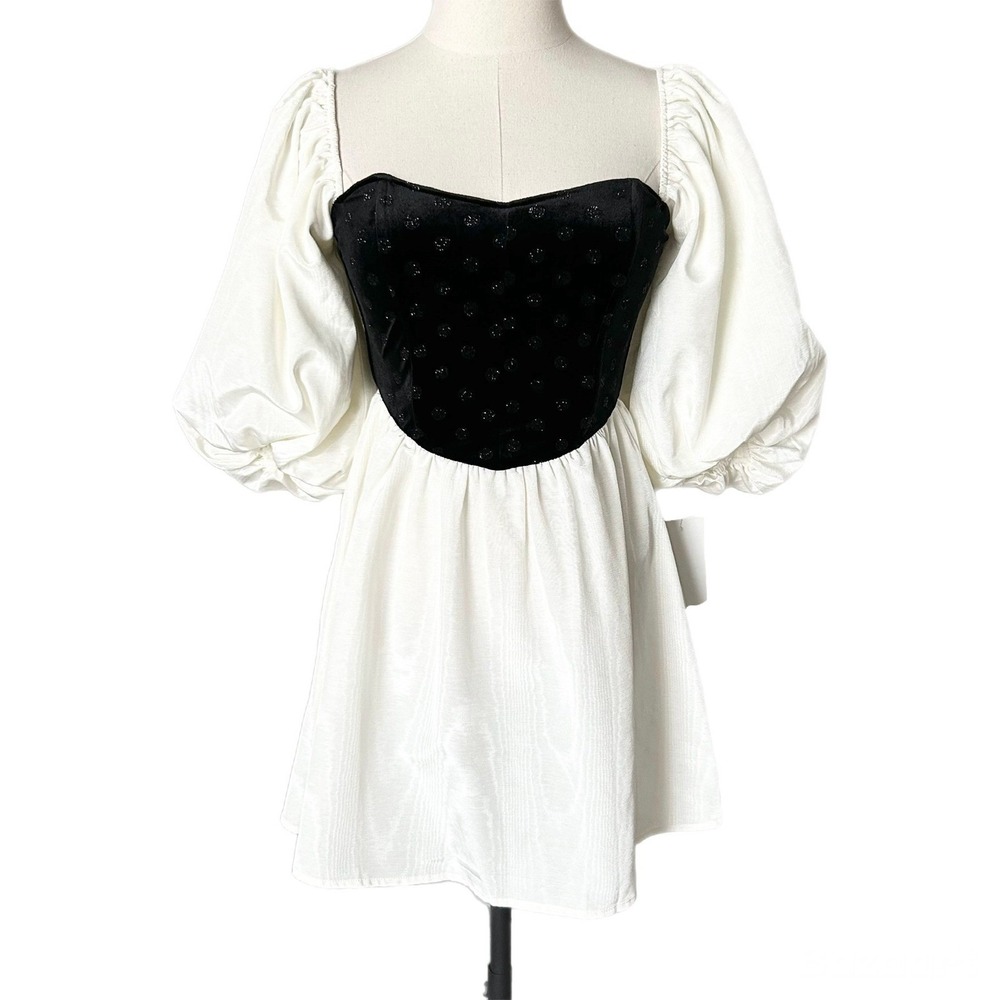 NEW For Love & Lemons Black White Velvet Polka Dot Puff Sleeve Mini Dress XS - Picture 2 of 6